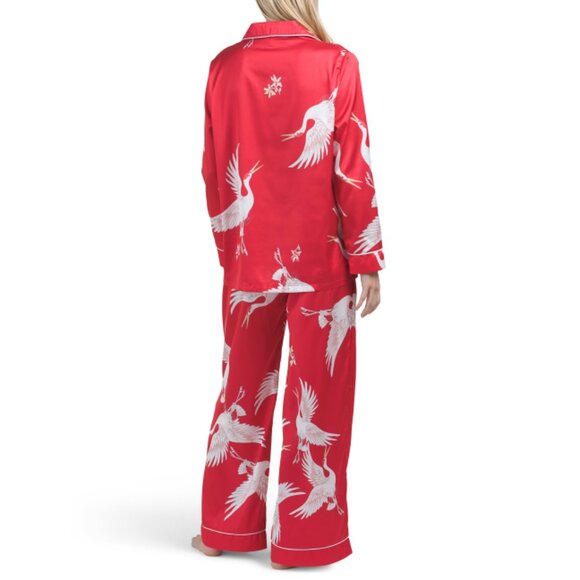 DALIA MACPHEE Red 2pc Satin Crane Pajama Set - Picture 2 of 2